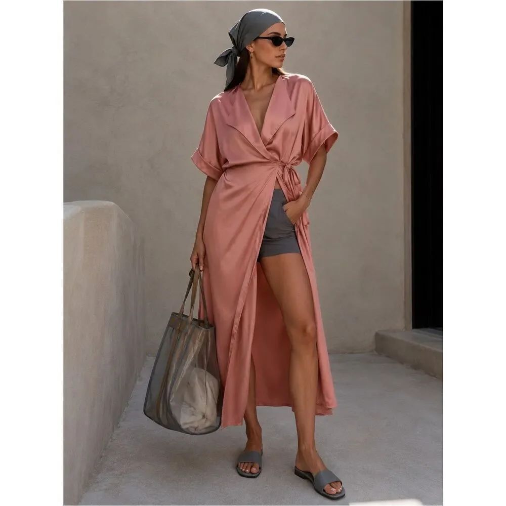 Express Satin Wrap Midi Dress in Rose Pink